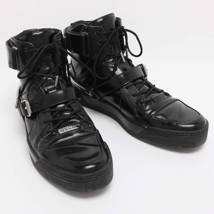 Pre Owned Gucci Black Leather Magnum High Top Sneakers Size 44.5