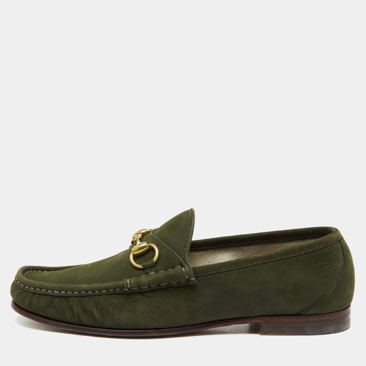 Pre Owned Gucci Green Nubuck Leather 1953 Horsebit Slip On Loafers Size 41
