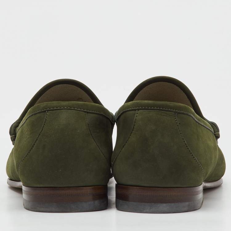 Pre Owned Gucci Green Nubuck Leather 1953 Horsebit Slip On Loafers Size 41