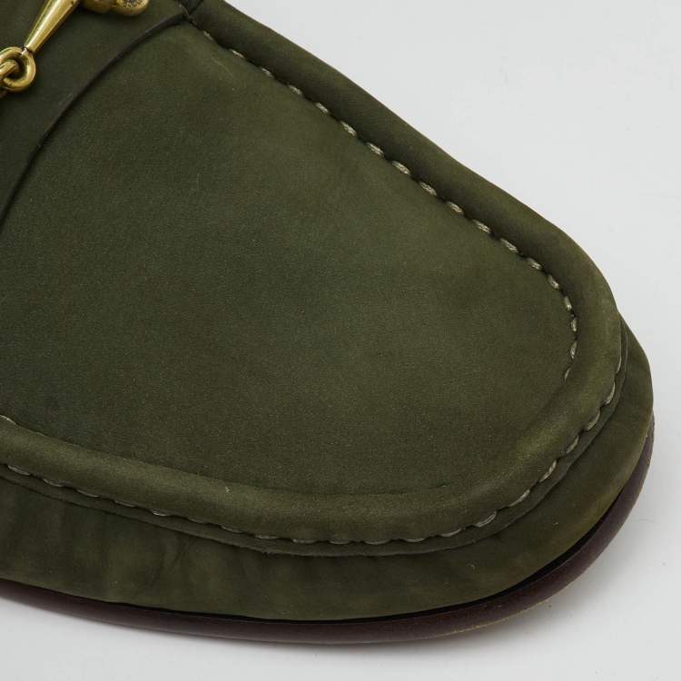 Pre Owned Gucci Green Nubuck Leather 1953 Horsebit Slip On Loafers Size 41