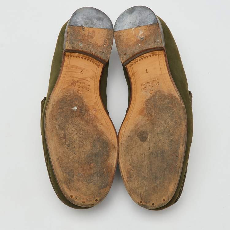 Pre Owned Gucci Green Nubuck Leather 1953 Horsebit Slip On Loafers Size 41