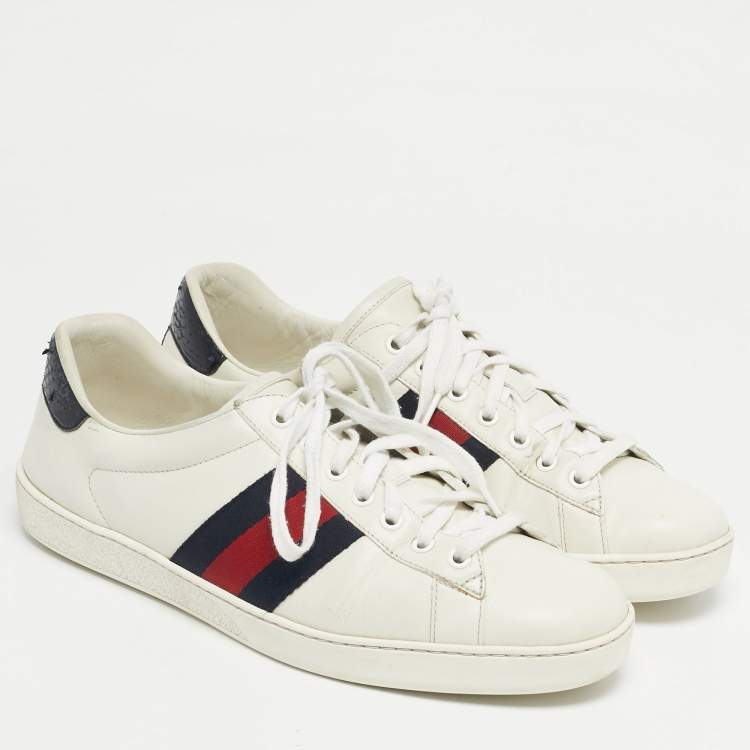 Pre Owned Gucci White Snakeskin Embossed and Leather Web Ace Low Top Sneakers Size 43.5