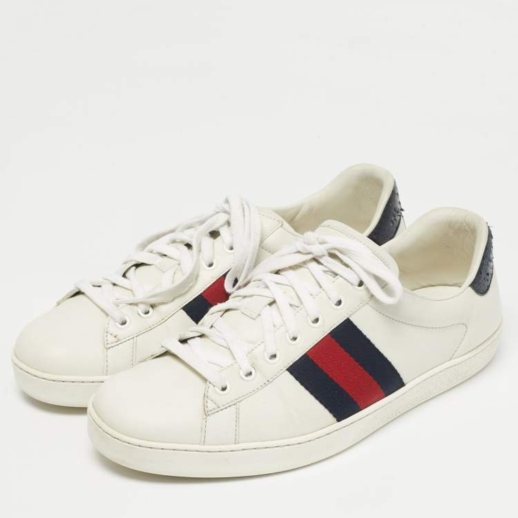 Pre Owned Gucci White Snakeskin Embossed and Leather Web Ace Low Top Sneakers Size 43.5