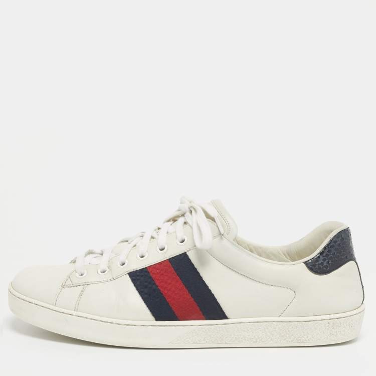 Pre Owned Gucci White Snakeskin Embossed and Leather Web Ace Low Top Sneakers Size 43.5