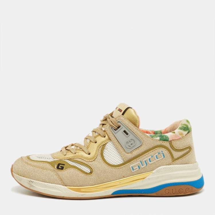 Pre Owned Gucci Gold/White Mesh, Glitter and Leather Ultrapace Low Top Sneakers Size 41