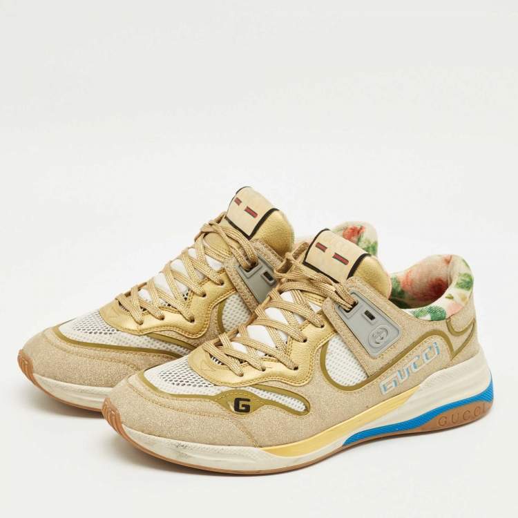 Pre Owned Gucci Gold/White Mesh, Glitter and Leather Ultrapace Low Top Sneakers Size 41