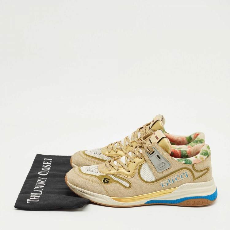 Pre Owned Gucci Gold/White Mesh, Glitter and Leather Ultrapace Low Top Sneakers Size 41