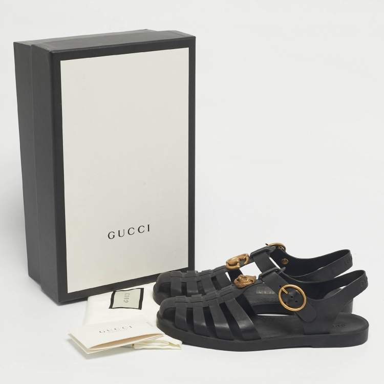 Pre Owned Gucci Black Rubber Tiger Head Flat Sandals Size 39