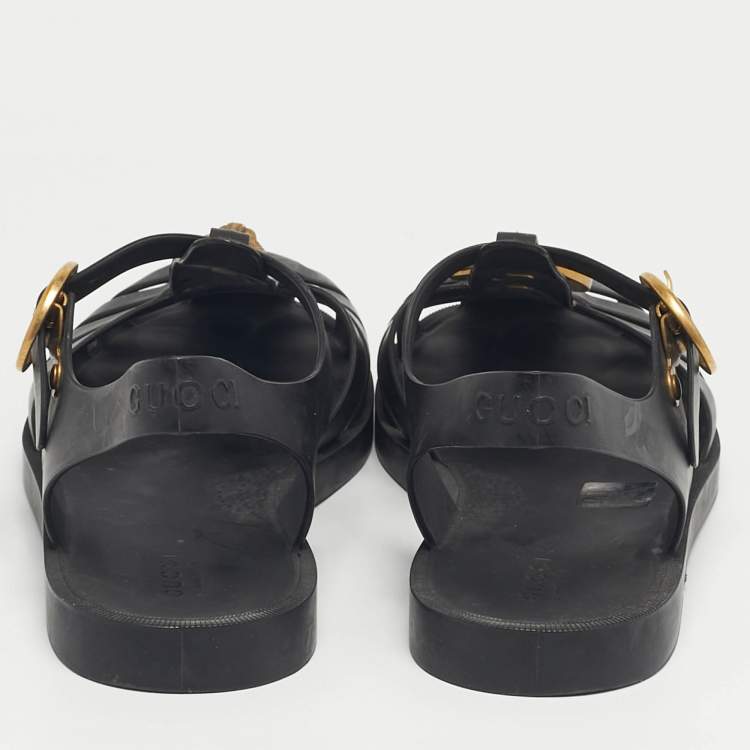 Pre Owned Gucci Black Rubber Tiger Head Flat Sandals Size 39