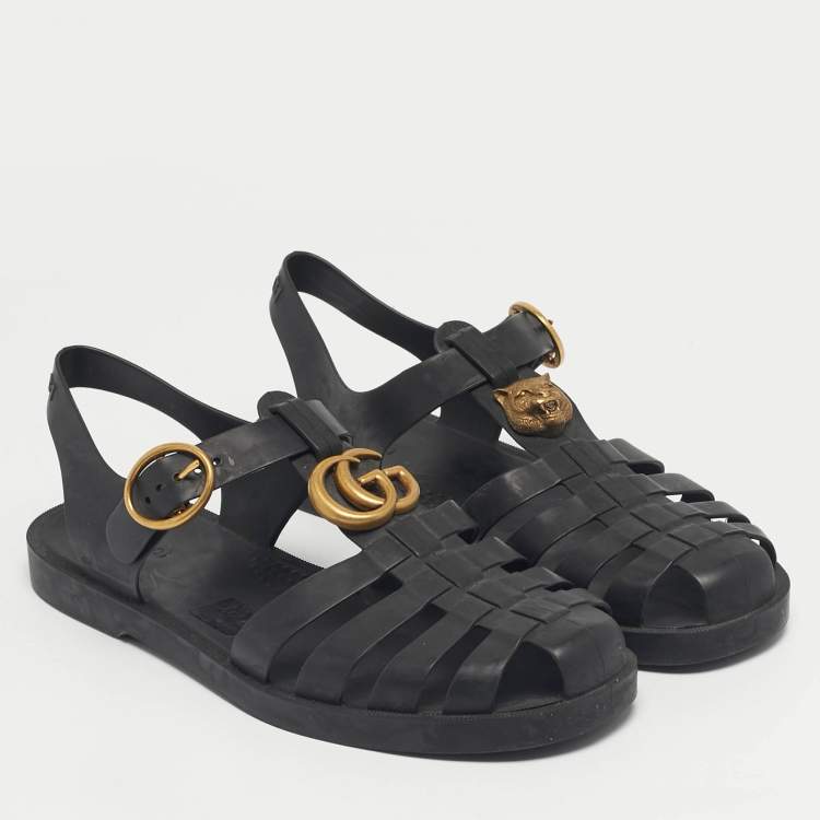 Pre Owned Gucci Black Rubber Tiger Head Flat Sandals Size 39