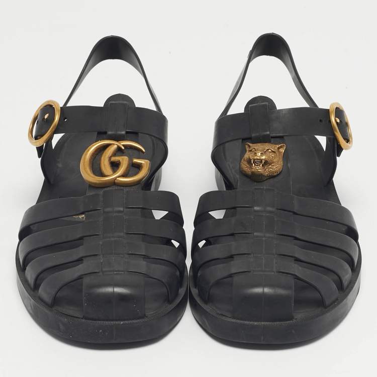 Pre Owned Gucci Black Rubber Tiger Head Flat Sandals Size 39