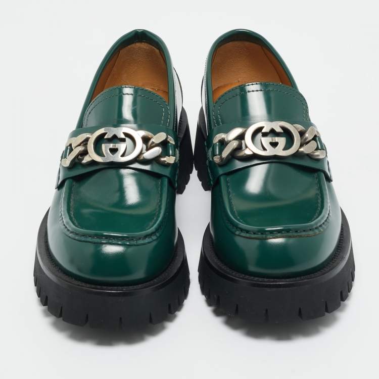 Pre Owned Gucci Green Leather Interlocking G Chain Loafers Size 41.5