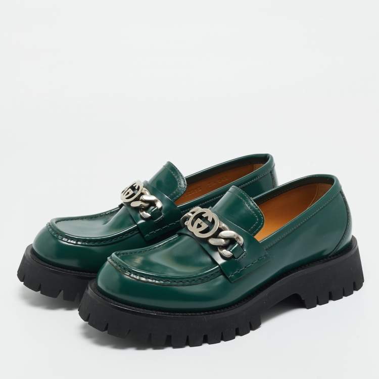 Pre Owned Gucci Green Leather Interlocking G Chain Loafers Size 41.5