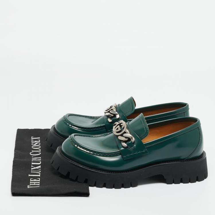Pre Owned Gucci Green Leather Interlocking G Chain Loafers Size 41.5