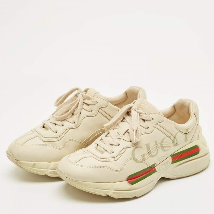 Pre Owned Gucci Cream Leather Rhyton Lace Up Sneakers Size 39.5