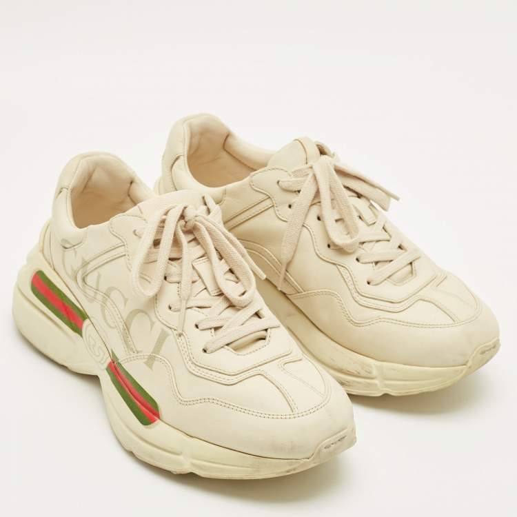 Pre Owned Gucci Cream Leather Rhyton Lace Up Sneakers Size 39.5