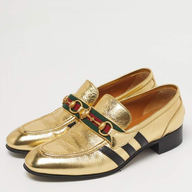 Pre Owned Gucci Gold Leather Horsebit Web Loafers Size 42