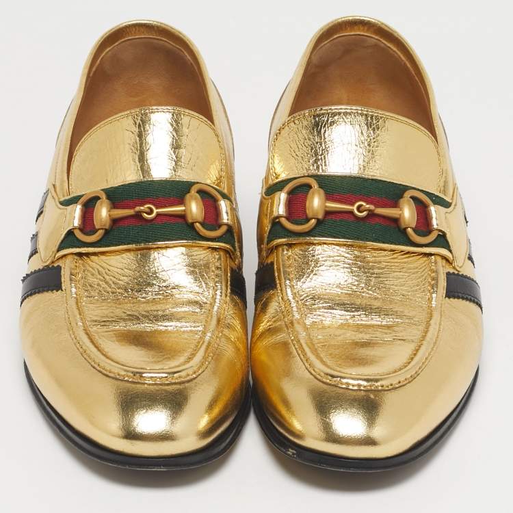 Pre Owned Gucci Gold Leather Horsebit Web Loafers Size 42