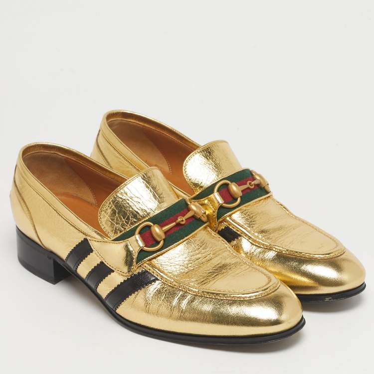 Pre Owned Gucci Gold Leather Horsebit Web Loafers Size 42
