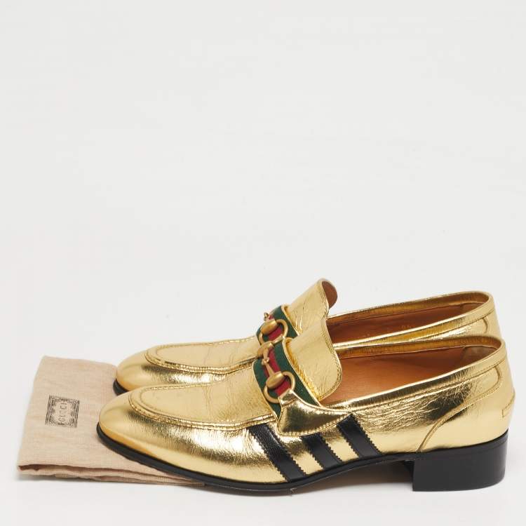 Pre Owned Gucci Gold Leather Horsebit Web Loafers Size 42