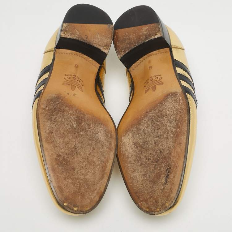 Pre Owned Gucci Gold Leather Horsebit Web Loafers Size 42