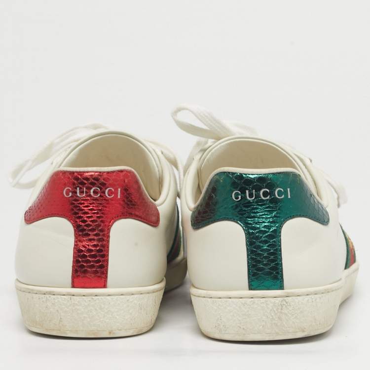 Pre Owned Gucci White Leather and Python Embossed Leather Ace Low Top Sneakers Size 41