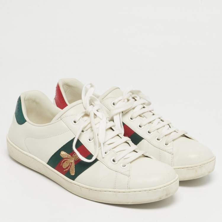 Pre Owned Gucci White Leather and Python Embossed Leather Ace Low Top Sneakers Size 41