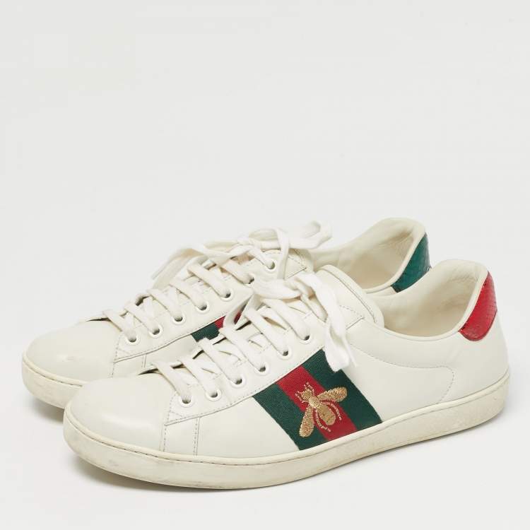 Pre Owned Gucci White Leather and Python Embossed Leather Ace Low Top Sneakers Size 41
