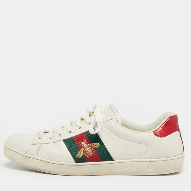 Pre Owned Gucci White Leather and Python Embossed Leather Ace Low Top Sneakers Size 41