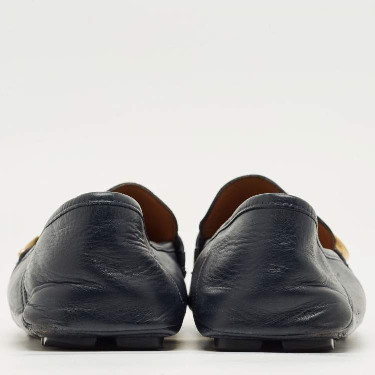 Pre Owned Gucci Navy Blue Leather GG Marmont Web Driver Slip On Loafers Size 44