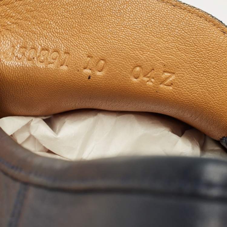 Pre Owned Gucci Navy Blue Leather GG Marmont Web Driver Slip On Loafers Size 44