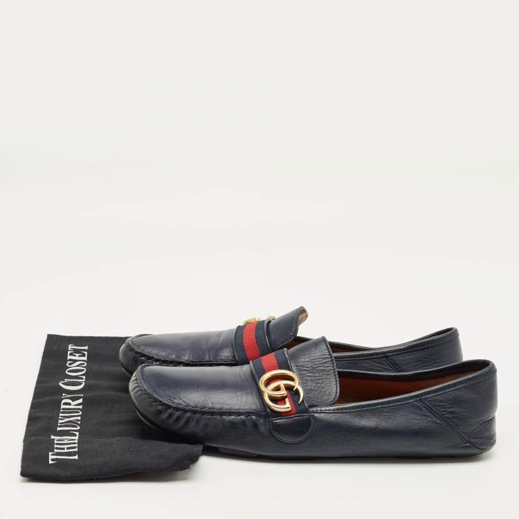 Pre Owned Gucci Navy Blue Leather GG Marmont Web Driver Slip On Loafers Size 44