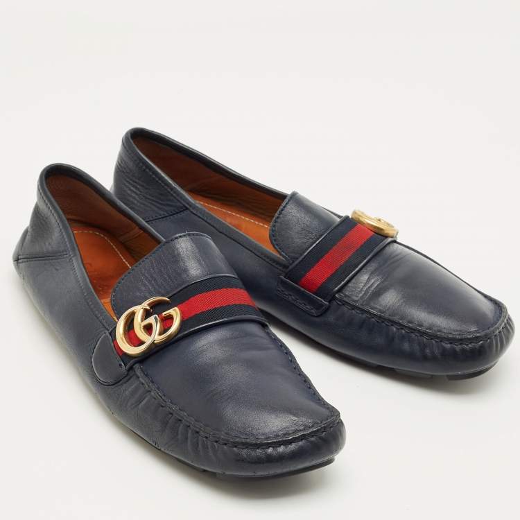 Pre Owned Gucci Navy Blue Leather GG Marmont Web Driver Slip On Loafers Size 44