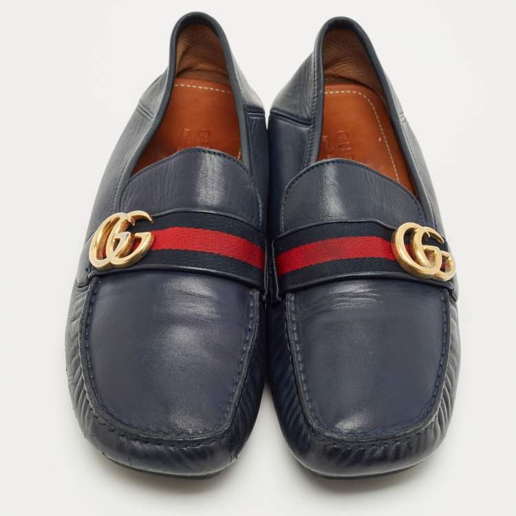 Pre Owned Gucci Navy Blue Leather GG Marmont Web Driver Slip On Loafers Size 44