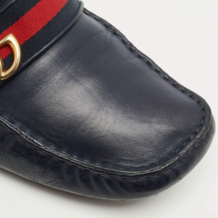 Pre Owned Gucci Navy Blue Leather GG Marmont Web Driver Slip On Loafers Size 44