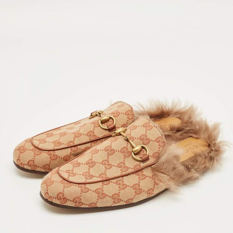 Pre Owned Gucci Brown Canvas and Fur Lined Princetown Flat Mules Size 41