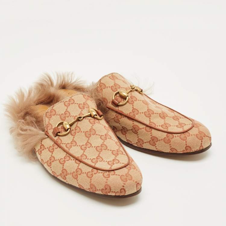 Pre Owned Gucci Brown Canvas and Fur Lined Princetown Flat Mules Size 41