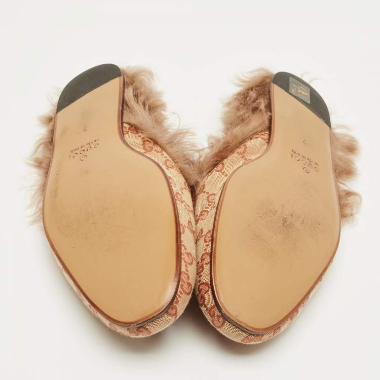 Pre Owned Gucci Brown Canvas and Fur Lined Princetown Flat Mules Size 41