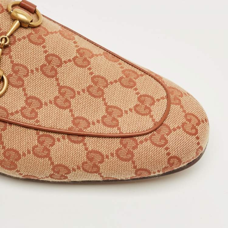 Pre Owned Gucci Brown Canvas and Fur Lined Princetown Flat Mules Size 41