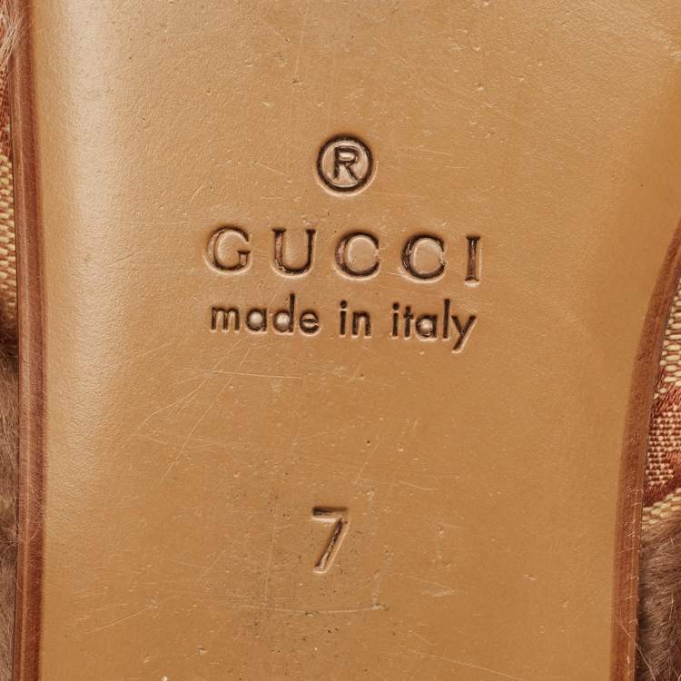Pre Owned Gucci Brown Canvas and Fur Lined Princetown Flat Mules Size 41