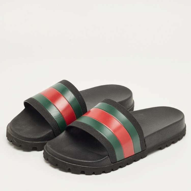 Pre Owned Gucci Black Rubber Web Pool Slides Size 45