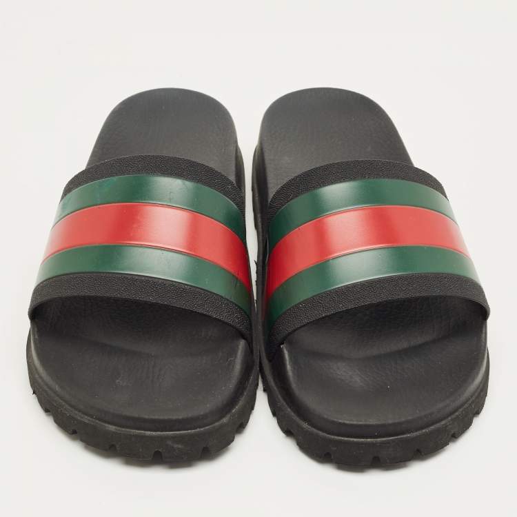 Pre Owned Gucci Black Rubber Web Pool Slides Size 45