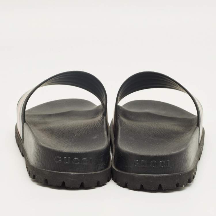 Pre Owned Gucci Black Rubber Web Pool Slides Size 45