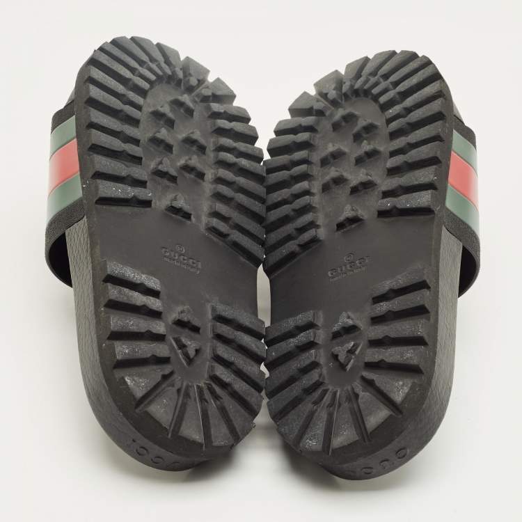 Pre Owned Gucci Black Rubber Web Pool Slides Size 45