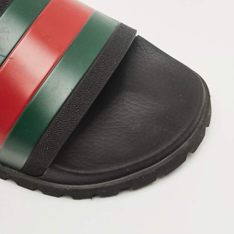 Pre Owned Gucci Black Rubber Web Pool Slides Size 45