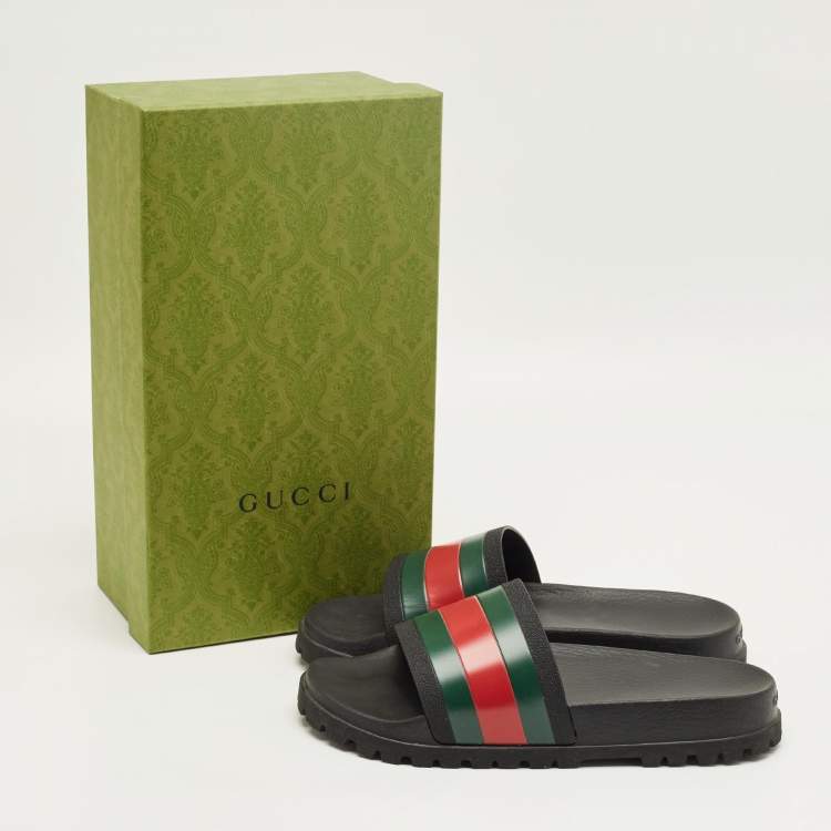 Pre Owned Gucci Black Rubber Web Pool Slides Size 45