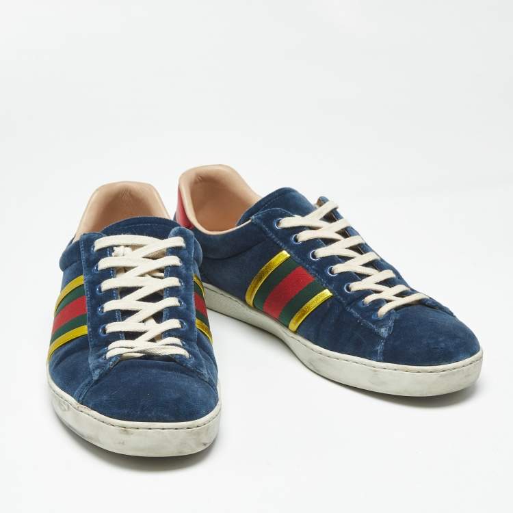 Pre Owned Gucci Blue Velvet And Leather Web Detail Low Top Sneakers Size 42.5
