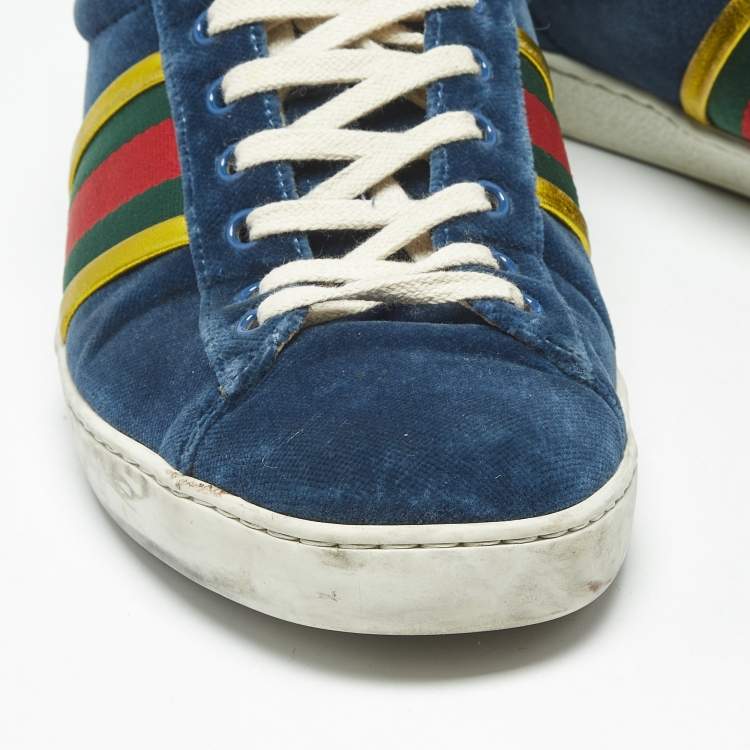 Pre Owned Gucci Blue Velvet And Leather Web Detail Low Top Sneakers Size 42.5