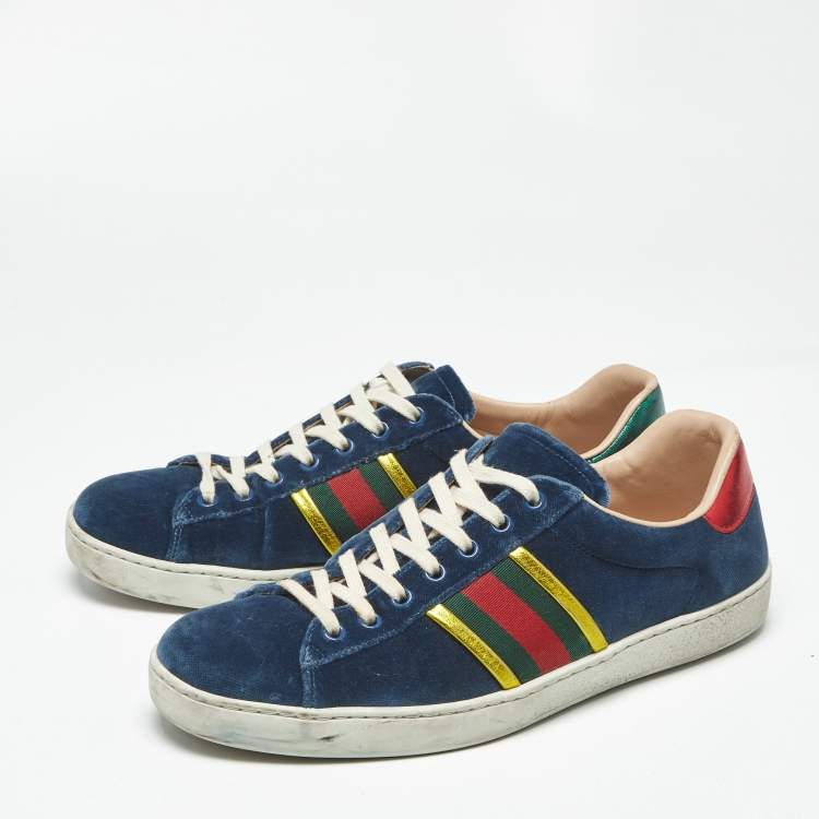Pre Owned Gucci Blue Velvet And Leather Web Detail Low Top Sneakers Size 42.5