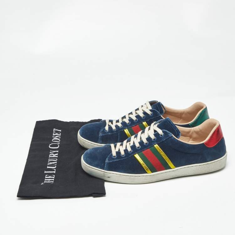 Pre Owned Gucci Blue Velvet And Leather Web Detail Low Top Sneakers Size 42.5